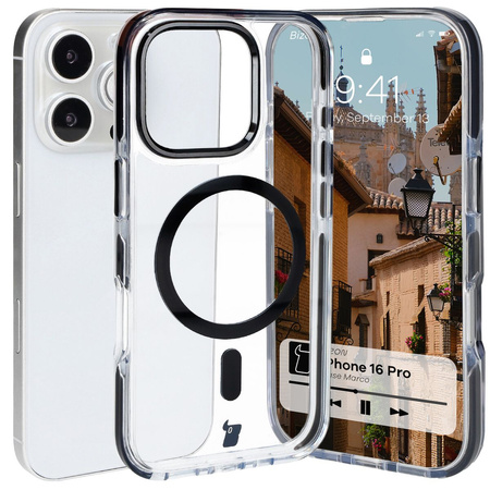 Etui z pierścieniem magnetycznym Bizon Case Marco do iPhone 16 Pro, przezroczyste z czarną ramką
