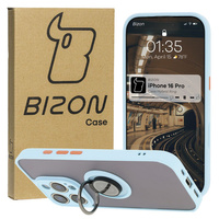 Etui z uchwytem na palec Bizon Case Hybrid Ring do iPhone 16 Pro, przydymione z jasnoniebieską ramką