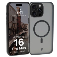 Etui z pierścieniem magnetycznym Bizon Case MatteO do iPhone 16 Pro Max, półprzezroczyste z czarną ramką