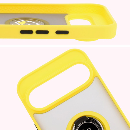 Etui z uchwytem na palec Bizon Case Hybrid Ring do Google Pixel 9 / 9 Pro, przydymione z żółtą ramką