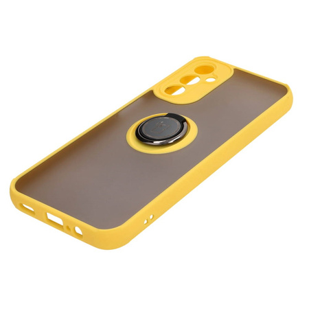 Etui z uchwytem na palec Bizon Case Hybrid Ring do Galaxy A14 4G / 5G, przydymione z żółtą ramką