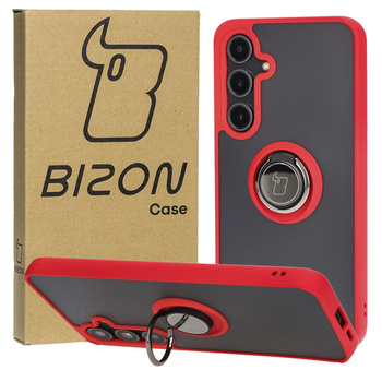 Etui z uchwytem na palec Bizon Case Hybrid Ring do Galaxy S24 FE, przydymione z czerwoną ramką