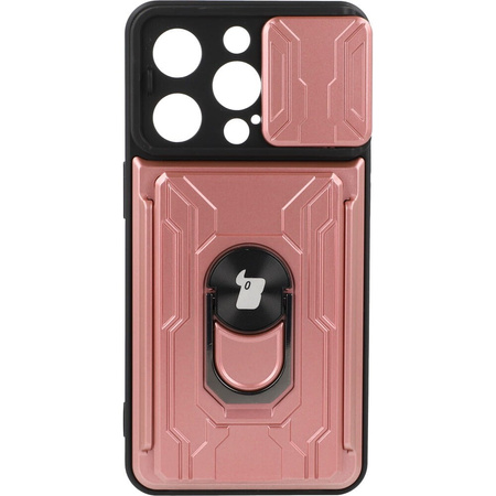 Etui Bizon Case Camshield Card Slot Ring do iPhone 14 Pro, jasnoróżowe