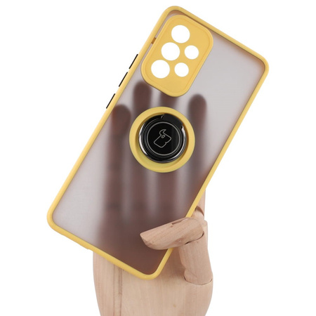 Etui z uchwytem na palec Bizon Case Hybrid Ring do Galaxy A53 5G, przydymione z żółtą ramką
