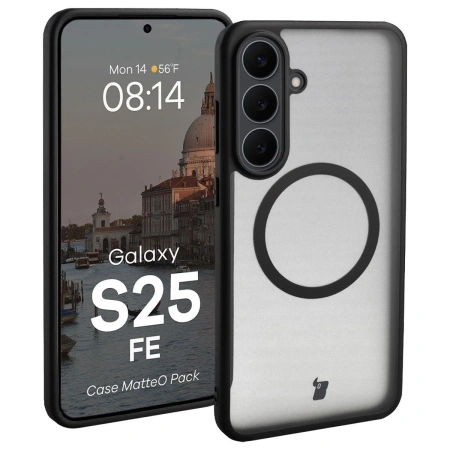 Etui z pierścieniem magnetycznym + szkło hartowane Bizon MatteO Pack do Galaxy S25 FE, przydymione-czarne