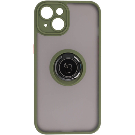 Etui z uchwytem na palec Bizon Case Hybrid Ring do iPhone 14, przydymione z zieloną ramką