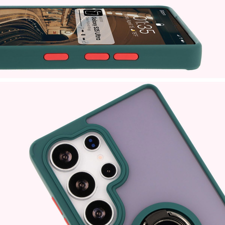 Etui z uchwytem na palec Bizon Case Hybrid Ring do Galaxy S25 Ultra, przydymione z ciemnozieloną ramką