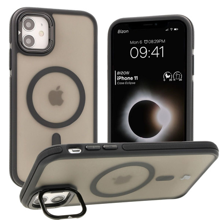 Etui z podstawką i pierścieniem magnetycznym Bizon Case Eclipse do iPhone 11, przydymione z czarną ramką