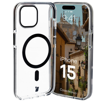 Etui z pierścieniem magnetycznym Bizon Case Marco do iPhone 15, przezroczyste z czarną ramką