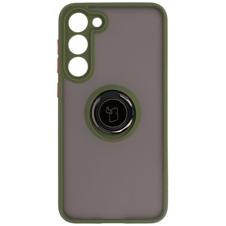 Etui z uchwytem na palec Bizon Case Hybrid Ring do Galaxy S23 Plus, przydymione z zieloną ramką