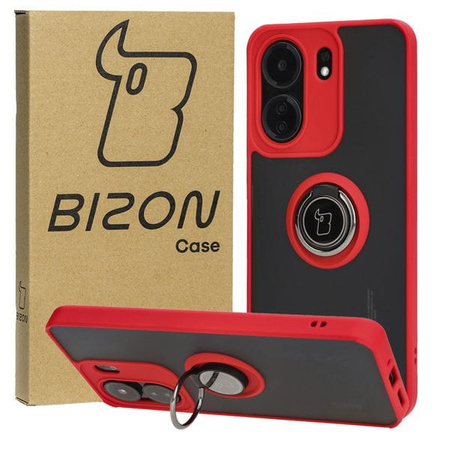 Etui z uchwytem na palec Bizon Case Hybrid Ring do Xiaomi Redmi 13C / Xiaomi Pocophone C65, przydymione z czerwoną ramką