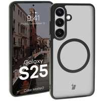 Etui z pierścieniem magnetycznym Bizon Case MatteO do Galaxy S25, półprzezroczyste z czarną ramką