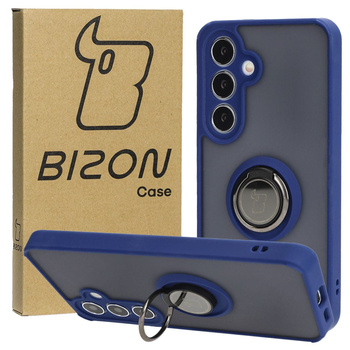 Etui z uchwytem na palec Bizon Case Hybrid Ring do Galaxy S25 / S24, przydymione z granatową ramką