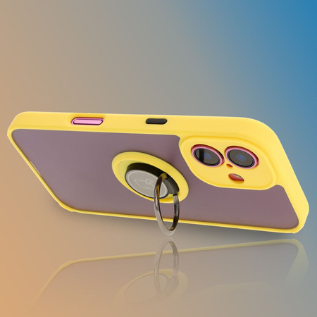Etui z uchwytem na palec Bizon Case Hybrid Ring do iPhone 16, przydymione z żółtą ramką