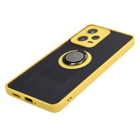 Etui z uchwytem na palec Bizon Case Hybrid Ring do Xiaomi Redmi Note 12 Pro 5G, przydymione z żółtą ramką