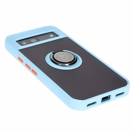 Etui z uchwytem na palec Bizon Case Hybrid Ring do Google Pixel 8a, przydymione z jasnoniebieską ramką