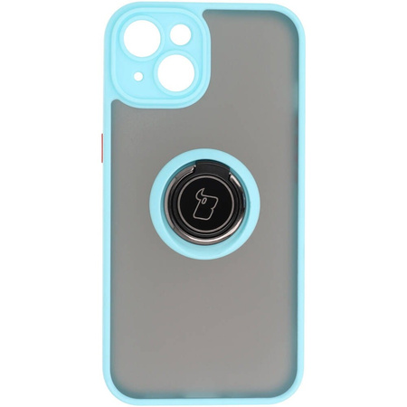 Etui z uchwytem na palec Bizon Case Hybrid Ring do iPhone 14, przydymione z jasnoniebieską ramką