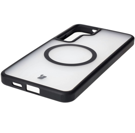 Etui z pierścieniem magnetycznym Bizon Case MatteO do Galaxy S24 Plus, półprzezroczyste z czarną ramką