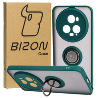 Etui z uchwytem na palec Bizon Case Hybrid Ring do Honor Magic5 Pro, przydymione z ciemnozieloną ramką