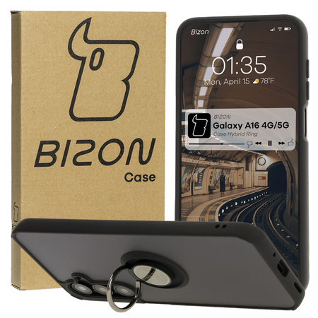 Etui z uchwytem na palec Bizon Case Hybrid Ring do Galaxy A16 4G/5G, przydymione z czarną ramką