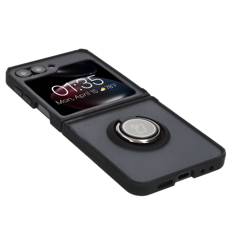 Etui z uchwytem na palec Bizon Case Hybrid Ring do Galaxy Z Flip7 FE / Z Flip6, przydymione z czarną ramką