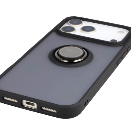 Etui z uchwytem na palec Bizon Case Hybrid Ring do iPhone 17 Pro Max, przydymione z czarną ramką