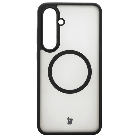 Etui z pierścieniem magnetycznym Bizon Case MatteO do Galaxy S24 FE, półprzezroczyste z czarną ramką