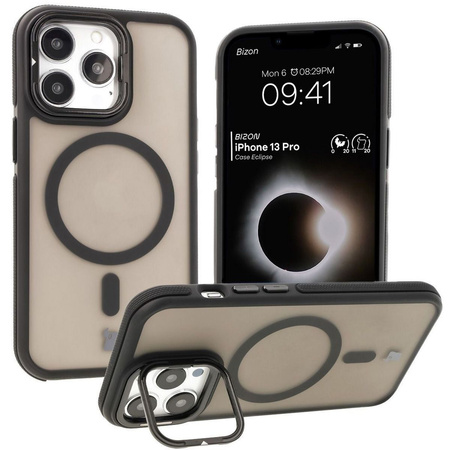 Etui z podstawką i pierścieniem magnetycznym Bizon Case Eclipse do iPhone 13 Pro, przydymione z czarną ramką