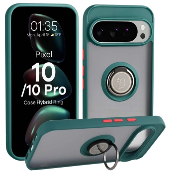 Etui z uchwytem na palec Bizon Case Hybrid Ring do Google Pixel 10 / 10 Pro, przydymione z ciemnozieloną ramką