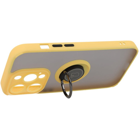 Etui z uchwytem na palec Bizon Case Hybrid Ring do iPhone 14 Pro, przydymione z żółtą ramką