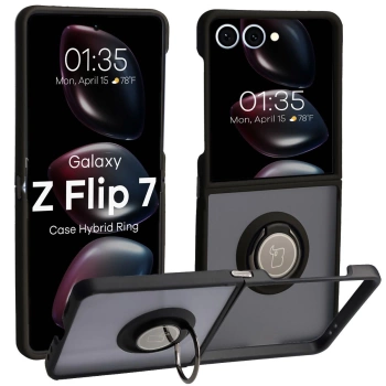 Etui z uchwytem na palec Bizon Case Hybrid Ring do Galaxy Z Flip7, przydymione z czarną ramką