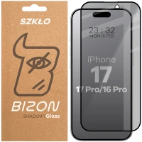 Prywatyzujące szkło hartowane Bizon Glass Edge Shadow do iPhone 16 Pro, przyciemniane z czarną ramką