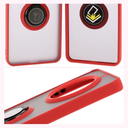 Etui z uchwytem na palec Bizon Case Hybrid Ring do Realme 14 Pro Plus 5G, przydymione z czerwoną ramką