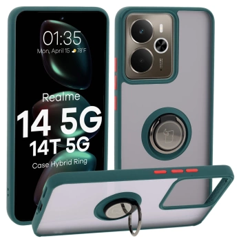 Etui z uchwytem na palec Bizon Case Hybrid Ring do Realme 14 5G / 14T 5G, przydymione z ciemnozieloną ramką