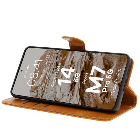 Etui z klapką Bizon Case Pocket do Xiaomi Redmi Note 14 5G / Poco M7 Pro 5G, brązowe