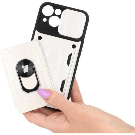 Etui Bizon Case Camshield Card Slot Ring do iPhone 14, białe