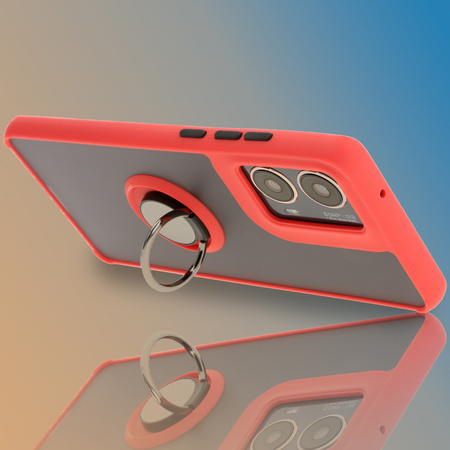 Etui z uchwytem na palec Bizon Case Hybrid Ring do Motorola Moto G85 5G, przydymione z czerwoną ramką