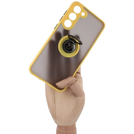 Etui z uchwytem na palec Bizon Case Hybrid Ring do Galaxy S23 Plus, przydymione z żółtą ramką