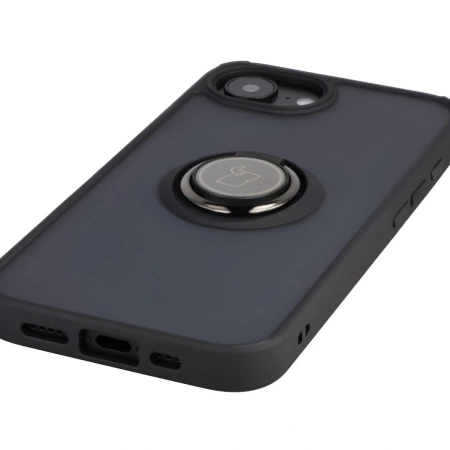 Etui z uchwytem na palec Bizon Case Hybrid Ring do iPhone 16e, przydymione z czarną ramką