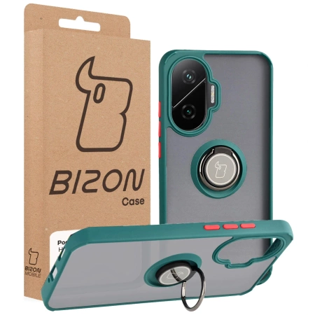Etui z uchwytem na palec Bizon Case Hybrid Ring do Xiaomi POCO F7, przydymione z ciemnozieloną ramką