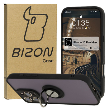 Etui z uchwytem na palec Bizon Case Hybrid Ring do iPhone 16 Pro Max, przydymione z czarną ramką