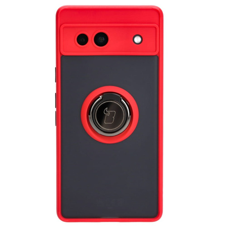 Etui z uchwytem na palec Bizon Case Hybrid Ring do Google Pixel 7A, przydymione z czerwoną ramką