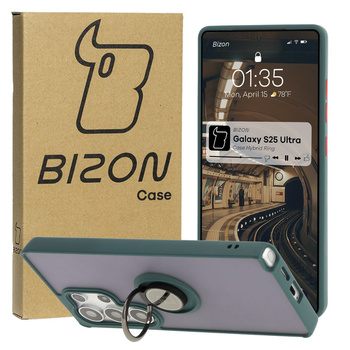 Etui z uchwytem na palec Bizon Case Hybrid Ring do Galaxy S25 Ultra, przydymione z ciemnozieloną ramką