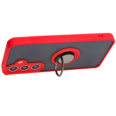 Etui z uchwytem na palec Bizon Case Hybrid Ring do Galaxy S25 / S24, przydymione z czerwoną ramką