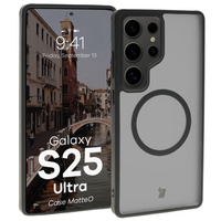 Etui z pierścieniem magnetycznym Bizon Case MatteO do Galaxy S25 Ultra, półprzezroczyste z czarną ramką