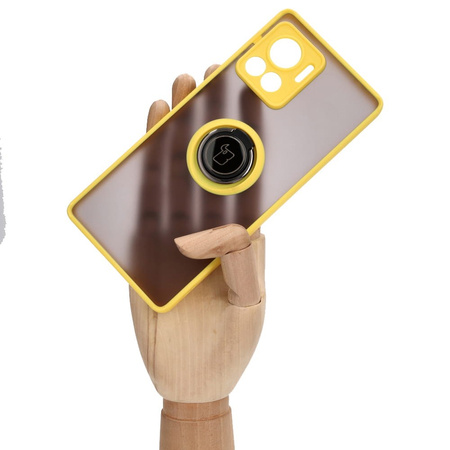 Etui z uchwytem na palec Bizon Case Hybrid Ring do Motorola Edge 30 Ultra, przydymione z żółtą ramką