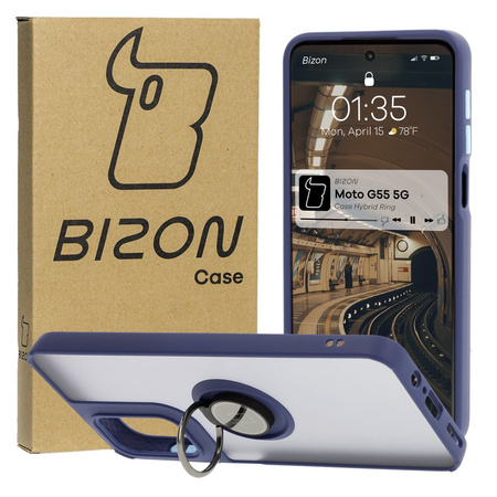 Etui z uchwytem na palec Bizon Case Hybrid Ring do Motorola Moto G55 5G, przydymione z granatową ramką