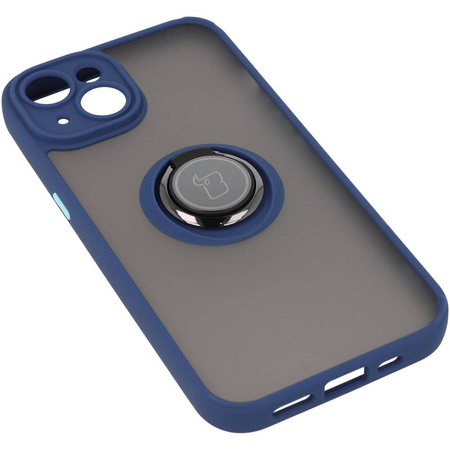 Etui z uchwytem na palec Bizon Case Hybrid Ring do iPhone 14, przydymione z granatową ramką