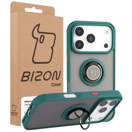 Etui z uchwytem na palec Bizon Case Hybrid Ring do iPhone 17 Pro, przydymione z ciemnozieloną ramką