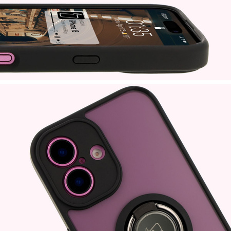 Etui z uchwytem na palec Bizon Case Hybrid Ring do iPhone 16, przydymione z czarną ramką